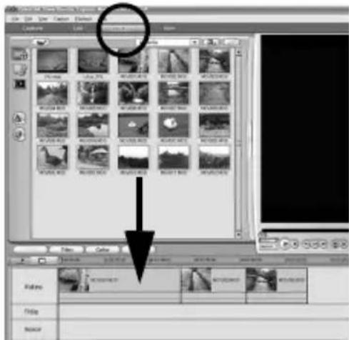 Screenshot of a video editing software interface showing a timeline with multiple preview thumbnails and a zoomed-in view labeled '1'.