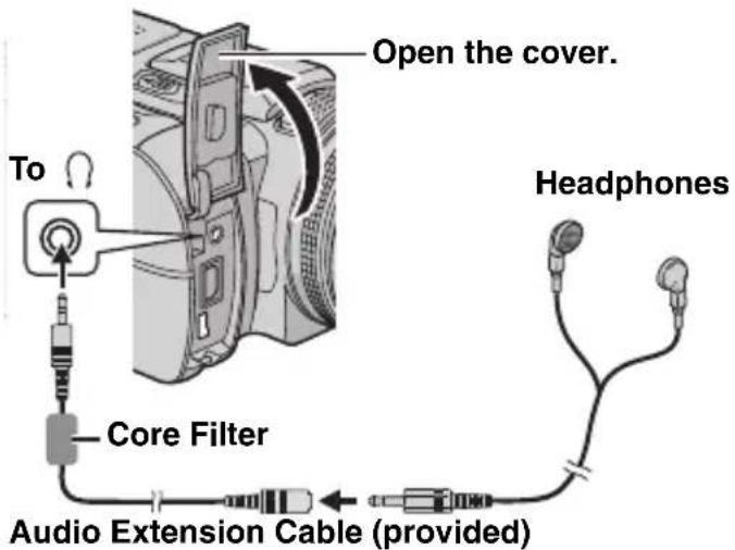 Open the cover. To Core Filter Audio Extension Cable (provided) Headphones