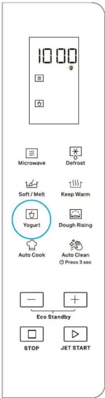 10:00 Microwave Defrost Soft / Melt Keep Warm Yogurt Dough Rising Auto Cook Auto Clean Press 3 sec Eco Standby STOP JET START