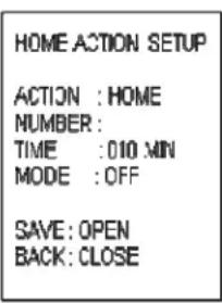 HOME ACTION SETUP ACTION : HOME NUMBER : TIME : 010 MIN MODE : OFF SAVE: OPEN BACK: CLOSE