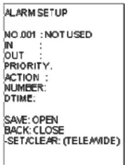ALARM SETUP NO .001 : NOT USED IN : OUT : PRIORITY. ACTION : NUMBER: DTIME: SAVE: OPEN BACK: CLOSE -SET/CLEAR: (TELEAMIDE)
