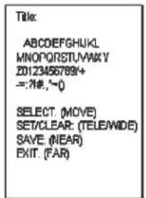 Title: ABCDEFGHIJKLMNOPQRSTUVWXYZ 20123456789+ =:#:~0 SELECT (MOVE) SET/CLEAR: (TELE/WIDE) SAVE (NEAR) EXIT (FAR)