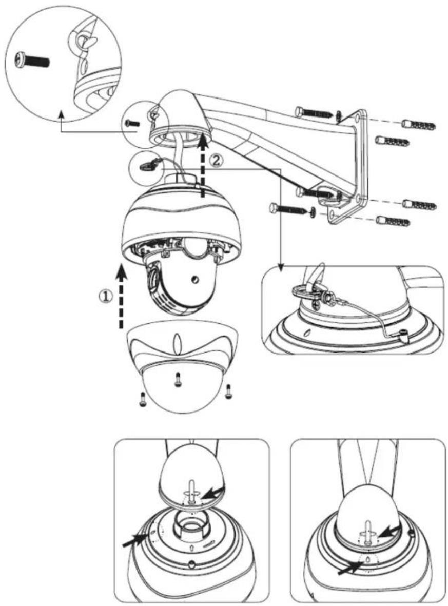 Technical diagram illustrating the assembly of a security camera with labeled parts and directional arrows indicating motion.