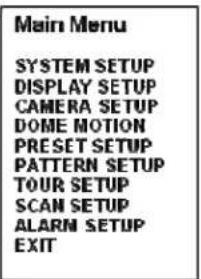 Main Menu SYSTEM SETUP DISPLAY SETUP CAMERA SETUP DOME MOTION PRESET SETUP PATTERN SETUP TOUR SETUP SCAN SETUP ALARM SETUP EXIT
