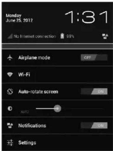 Monday June 25, 2012 1:31 No Internet connection 99% Airplane mode OFF Wi-Fi Auto-rotate screen Off AUTO Notifications ON Settings