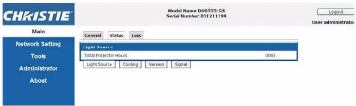 Christie DWX555-GS - Main Tabbed Page - Status - 1