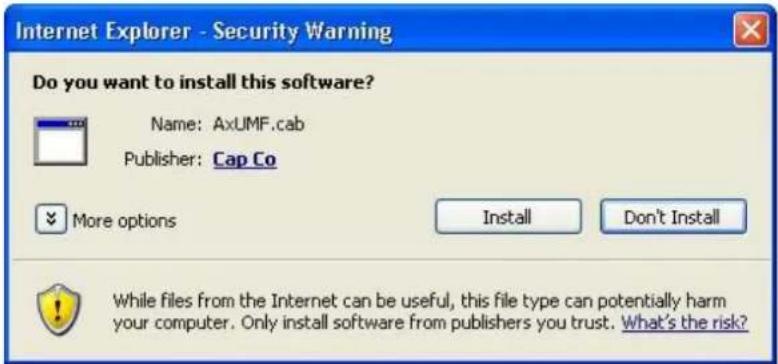 Internet Explorer - Security Warning Do you want to install this software? Name: AxUMF.cab Publisher: Cap Co More options Install Don't Install While files from the Internet can be useful, this file type can potentially harm your computer. Only install software from publishers you trust. What's the risk?