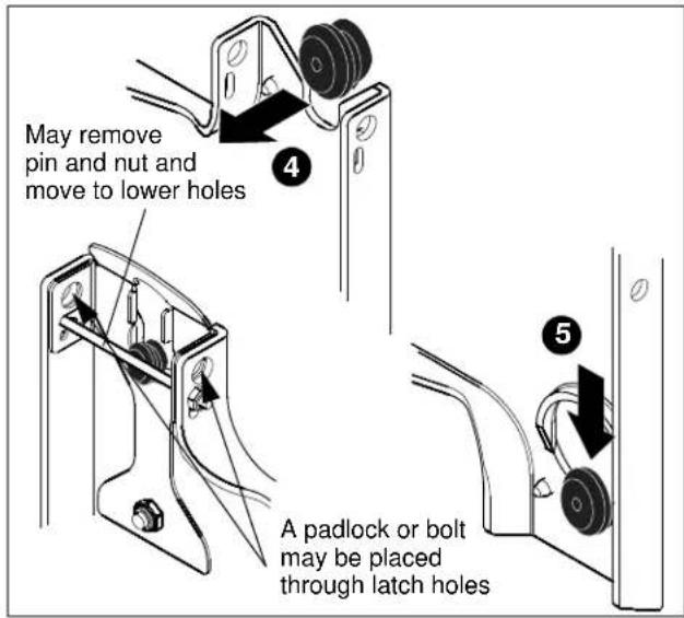 May remove pin and nut and move to lower holes A padlock or bolt may be placed through latch holes