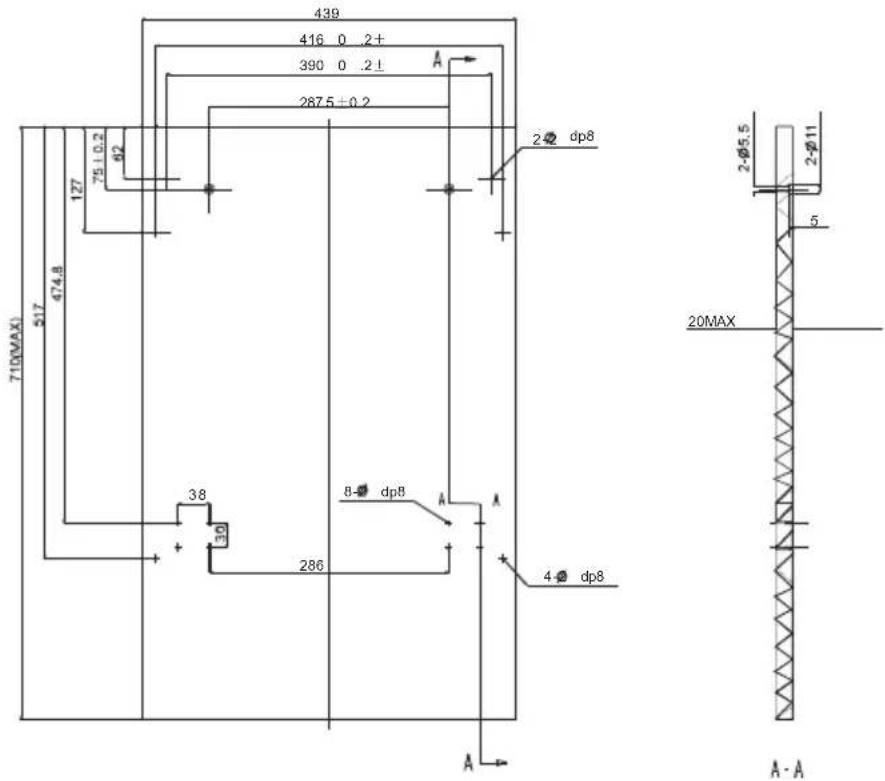 439 416 0 .2+ 390 0 .2± 287.5±0.2 A 2 φ8 dp8 710MAX) 517 474.8 127 79±0.2 φ2 38 30 8 φ dp8 A 286 4 φ dp8 A 2 φ5.5 2 φ11 5 20MAX A - A