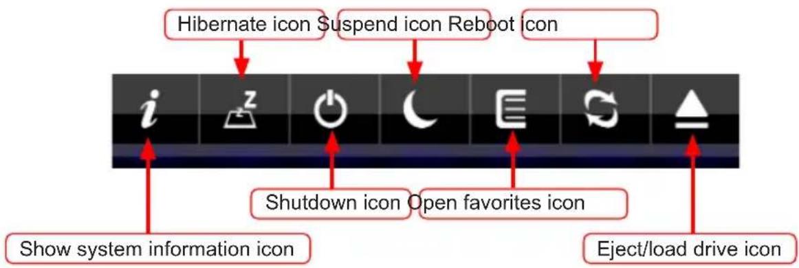 Hibernate icon Suspend icon Reboot icon i z Shutdown icon Open favorites icon Show system information icon Eject/load drive icon