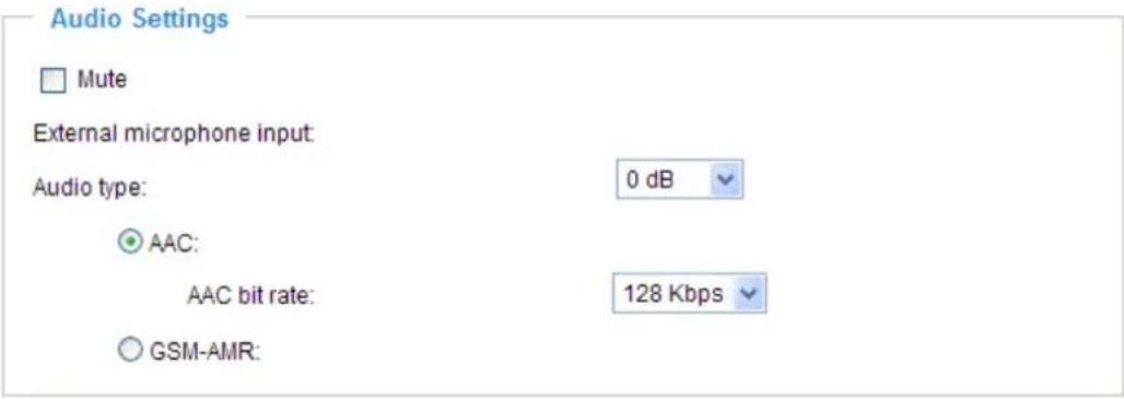 Audio Settings Mute External microphone input: Audio type: 0 dB AAC: AAC bit rate: 128 Kbps GSM-AMR: