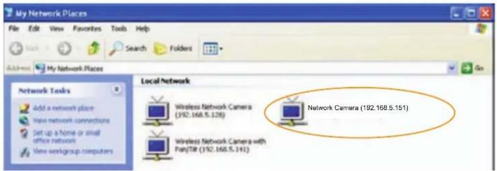 My Network Places File Edit View Favorites Tools Help Search Folders Address My Network Places Network Tasks Add a network place View network connections Set up a Home or small office network View workgroup computers Local Network Wireless Network Camera (192.168.5.128) Network Camera (192.168.5.151) Wireless Network Camera with Pan/TIR (192.168.5.141)