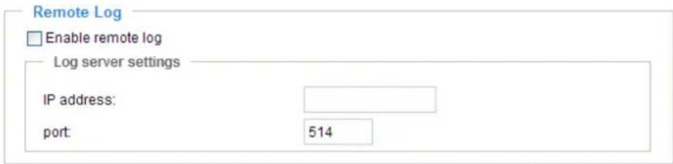 Remote Log Enable remote log Log server settings IP address: port: 514