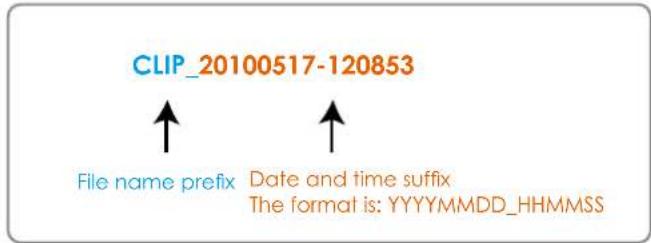 CLIP_20100517-120853 File name prefix Date and time suffix The format is: YYYYMMDD_HHMMSS