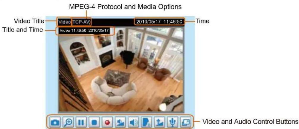 MPEG-4 Protocol and Media Options Video Title Video TCP-AV 2010/05/17 11:46:50 Time Title and Time Video 11:46:50 2010/05/17 Video and Audio Control Buttons