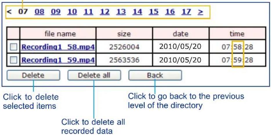 < 07 08 09 10 11 12 13 14 15 16 17 > file name size date time Recording1_58.mp4 2526004 2010/05/20 07:58:28 Recording1_59.mp4 2563536 2010/05/20 07:59:28 Delete Delete all Back Click to delete selected items Click to delete all recorded data Click to go back to the previous level of the directory