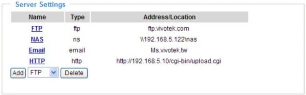 Server Settings Name Type Address/Location FTP ftp ftp.vivotek.com NAS sn \\192.168.5.122\nas Email@email Ms.vivotek.tw HTTP http http://192.168.5.10/cgi-bin/upload.cgi Add FTP Delete