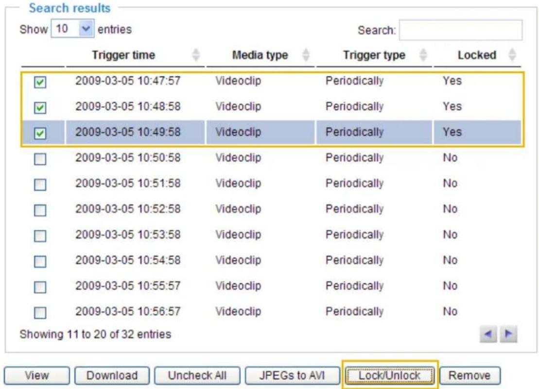 Search results Show 10 entries Search: Trigger time Media type Trigger type Locked ✓ 2009-03-05 10:47:57 Videoclip Periodically Yes ✓ 2009-03-05 10:48:58 Videoclip Periodically Yes ✓ 2009-03-05 10:49:58 Videoclip Periodically Yes □ 2009-03-05 10:50:58 Videoclip Periodically No □ 2009-03-05 10:51:58 Videoclip Periodically No □ 2009-03-05 10:52:58 Videoclip Periodically No □ 2009-03-05 10:53:58 Videoclip Periodically No □ 2009-03-05 10:54:58 Videoclip Periodically No □ 2009-03-05 10:55:57 Videoclip Periodically No □ 2009-03-05 10:56:57 Videoclip Periodically No Showing 11 to 20 of 32 entries View Download Uncheck All JPEGs to AVI Lock/Unlock Remove