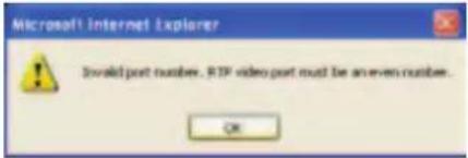 Microsoft Internet Explorer Invalid post number. RTP video post must be an even number. OK