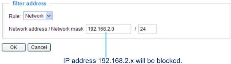 filter address Rule: Network Network address / Network mask 192.168.2.0 / 24 OK Cancel IP address 192.168.2.x will be blocked.