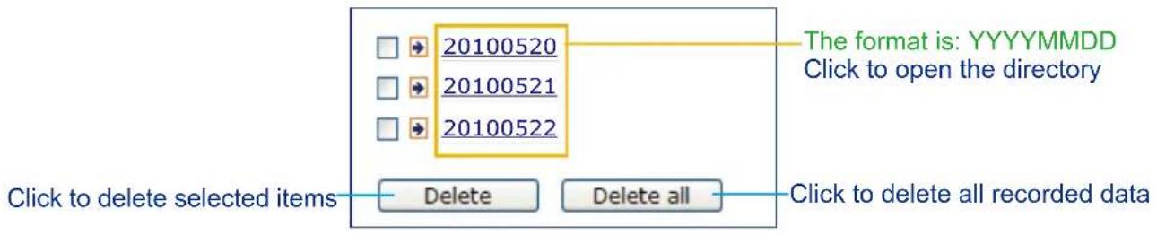 20100520 20100521 20100522 The format is: YYYYMMDD Click to open the directory Click to delete selected items Delete Delete all Click to delete all recorded data