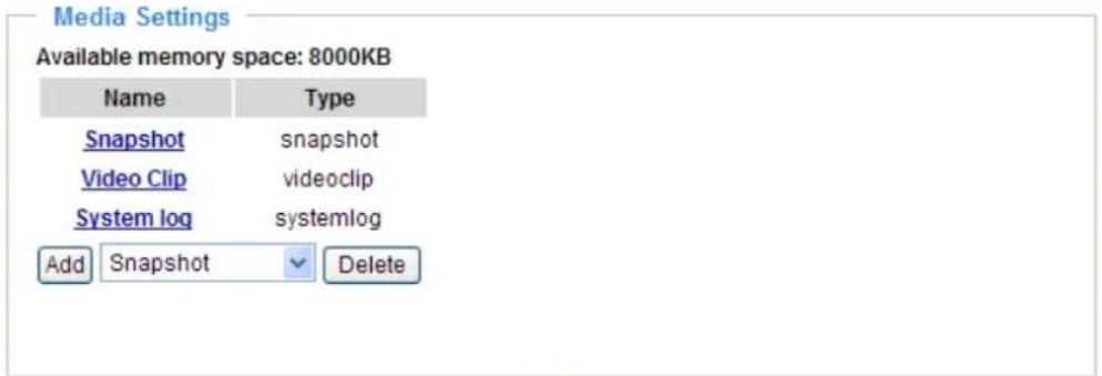 Media Settings Available memory space: 8000KB Name Type Snapshot snapshot Video Clip videoclip System log systemlog Add Snapshot Delete