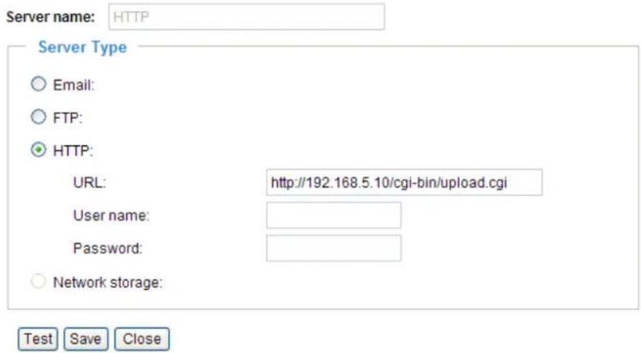 Server name: HTTP Server Type ○ Email: ○ FTP: ● HTTP: URL: http://192.168.5.10/cgi-bin/upload.cgi User name: Password: ○ Network storage: Test Save Close
