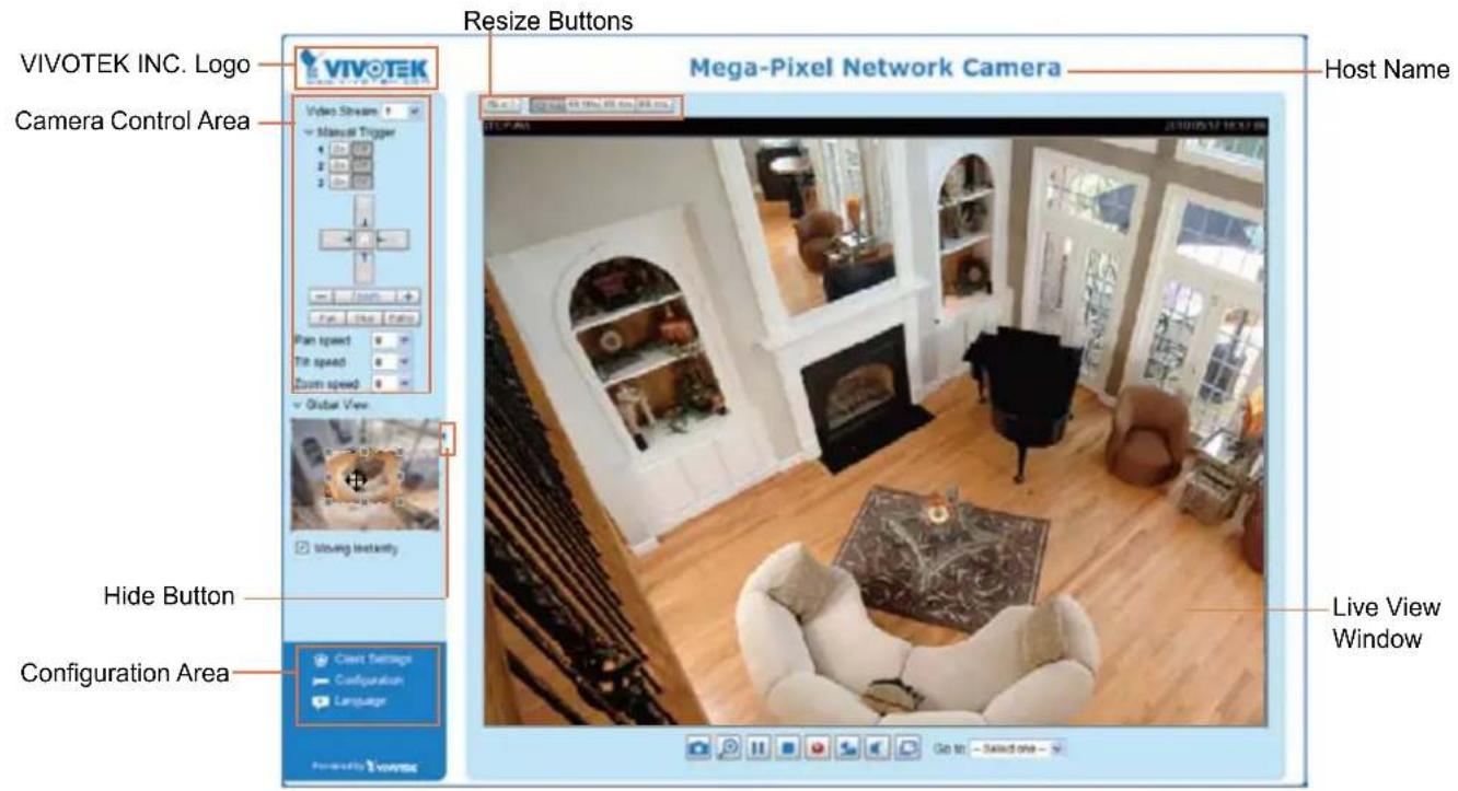 VIVOTEK INC. Logo VIVOTEK Video Stream Camera Control Area Resize Buttons Mega-Pixel Network Camera Host Name Open View Hide Button Configuration Area Cout Settings Configuration Language Live View Window