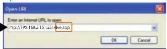 Open URL Enter an Internet URL to open fsp://192.168.5.151:554/live.scp OK Cancel