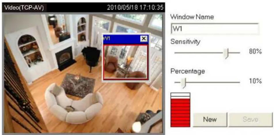 Video(TCP-AV) 2010/05/18 17:10:35 Window Name W1 Sensitivity 80% Percentage 10% New Save
