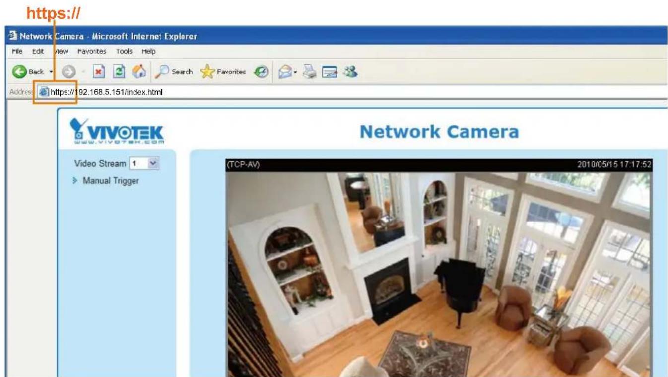 https:// Network Camera - Microsoft Internet Explorer File Edit View Favorites Tools Help Back Search Favorites Address https://192.168.5.151/index.html VIVOTEK www.vivotek.com Video Stream 1 > Manual Trigger Network Camera (TCP-AV) 2010/05/15 17:17:52