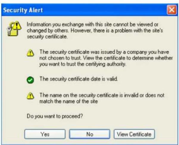 Security Alert Information you exchange with this site cannot be viewed or changed by others. However, there is a problem with the site's security certificate. The security certificate was issued by a company you have not chosen to trust. View the certificate to determine whether you want to trust the certifying authority. The security certificate date is valid. The name on the security certificate is invalid or does not match the name of the site Do you want to proceed? Yes No View Certificate