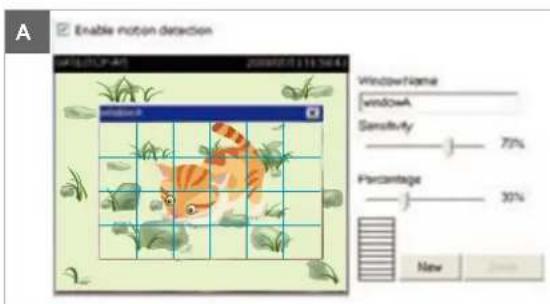 Enable motion detection A 2008/07/14 WindowName windowA Sensitivity 73% Percentage 30% New