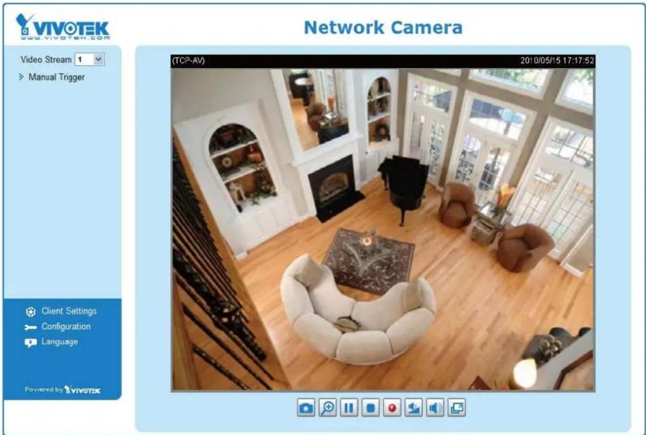 VIVOTEK www.vivotek.com Network Camera Video Stream 1 Manual Trigger (TCP-AV) 2010/05/15 17:17:52 Client Settings Configuration Language Powered by VIVOTEK