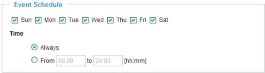 Event Schedule Sun Mon Tue Wed Thu Fri Sat Time Always From 00:00 to 24:00 [hh:mm]