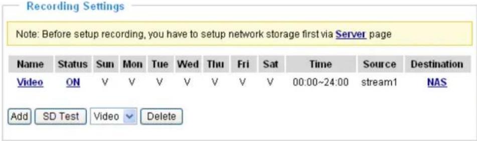 Recording Settings Note: Before setup recording, you have to setup network storage first via Server page Name Status Sun Mon Tue Wed Thu Fri Sat Time Source Destination Video ON V V V V V V V 00:00~24:00(stream1 NAS Add SD Test Video Delete
