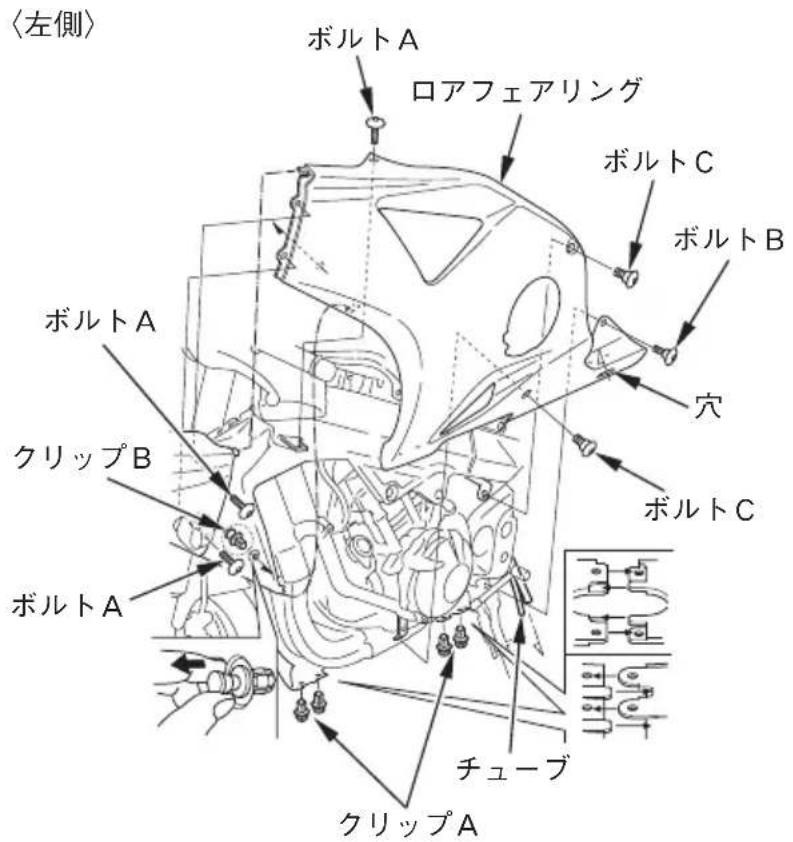 〈左側〉 ボルトA ロアフェアリング ボルトC ボルトB ボルトA クリップB ボルトA 穴 ボルトC チューブ クリップA
