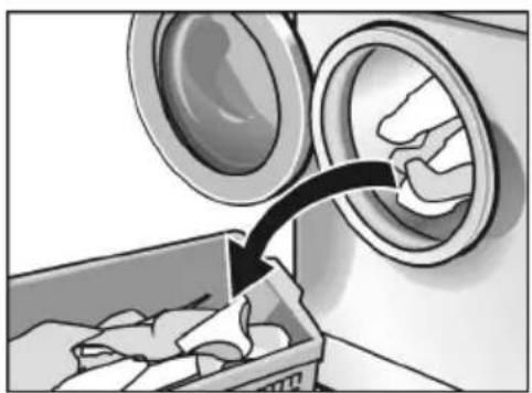 Illustration of a washing machine with a bag pouring liquid into a box (no text or symbols)
