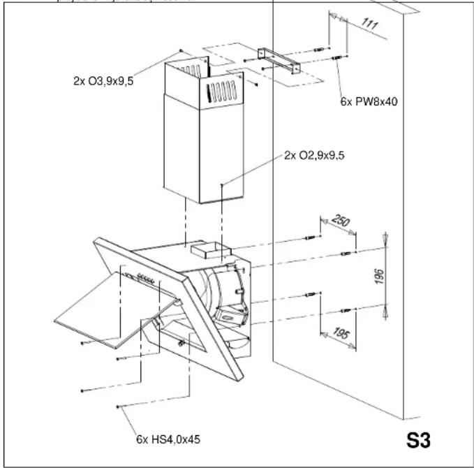 2x O3,9x9,5 6x PW8x40 2x O2,9x9,5 250 196 195 6x HS4,0x45 S3