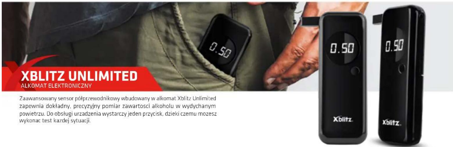 XBLITZ UNLIMITED ALKOMAT ELEKTRONICZNY Zaawansowany sensor półprzewodnikowy wbudowany w alkomat Xblitz Unlimited zapewnia dokładny, precyzyjny pomiar zawartosci alkoholu w wydychanym powietrzu. Do obsługi urzadzenia wystarczy jeden przycisk, dziekci czemu mozesz wykonac test kazdej sytuacji.
