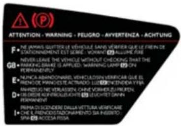 ATTENTION - WARNING - PEUGRO - AVVERTENZA - ACHTUNG F. NE JAWAS QUTTER LE VEHICULE SANS VERIFER QUE LE FRIEN DE STATIONNEMENT EST SERIE - VORANT (2) ALLUME FIRE NEVERLEME THE VEHICLE WITHOUT CHECKING THAT THE GB • VARIKING DRAKE IS APPLIED: WARNING LAMP (2) ON PERRAIGNET. E. NUJICA ABRANDNABEL VEHICLELOSSIN VERIFICAR QUE EL RIOENDE MANDOESTE ACTIVADO: LUX 2019/12/04/2019 Y RIA ANHEUS NE VEIRASSEN, CHINE VORMERZU PRIPEN. D. UBERDAI KONTRIGELJEICH (2) LEUCHET GRAIN PERRAIGNET. PRIMAD SCIENDERE DALLA VETTLURA VERIFCARE I. CHEE, PRIEDUCTSCHAPRETO S/A INSEITOS- SPW (2) ACCESA FISLA
