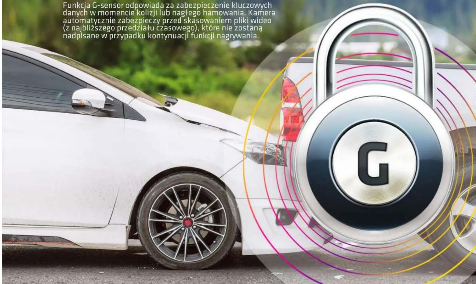 Funkcja G-sensor odpowiada za zabezpieczenie kluczowych danych w momencie kolizji lub nagłego hamowania. Kamera automatycznie zabezpieczy przed skasowaniem pliki wideo (z najbliższego przedziału czasowego), które nie zostaną nadpisane w przypadku kontynuacji funkcji nagrywania.