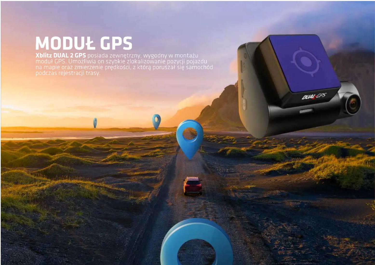 MODUŁ GPS Xblitz DUAL 2 GPS posiada zewnętrzny, wygodny w montażu moduł GPS. Umożliwia on szybkie złokalizowanie pozycji pojazdu na mapie oraz zmierzenie prędkości, z którą poruszał się samochód podczas rejestracji trasy.