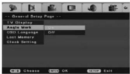 -- General Setup Page -- TV Display Angle Mark OSD Language Last Memory Clock Setting OK Off OIS Choose ENICE OK SETUP Exit