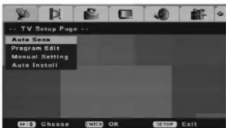 -- TV Setup Page -- Auto Scene Program Edit Manual Setting Auto Install OK Choose OK SETUP Exit