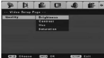-- Video Setup Page -- Quality Brightness Contrast Hue Saturation Choose CNTC OK SETUP Exit