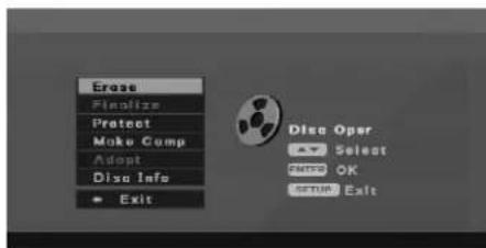 Erase Finalize Protect Make Comp Adopt Disc Info Exit Disc Oper Select Auto OK Setup Exit