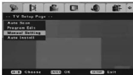 -- TV Setup Page -- Auto Scan Program Edit Manual Setting Auto Install Chase Enter OK Setup Exit