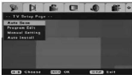 -- TV Setup Page -- Auto Scan Program Edit Manual Setting Auto Install Choose OK SETUP Exit
