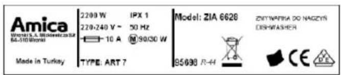 Amica Worols 3.5. Bieckwotca/SE 64-510 Worioli Made in Turkey 2200 W IPX 1 220-240 V ~ 50 Hz 10 A M 90/30 W TYPE: ART 7 Model: ZIA 6628 ZWYWARKA DO NAGZYR DISHWASHER 95698 R-44 CE DE